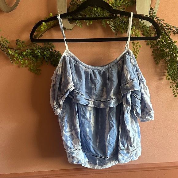 Blue Ruffled Off-Shoulder Top - Picture 3 of 4